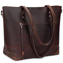 S-ZONE Vintage Leather Top-Zip Work Tote (15.6" Laptop)