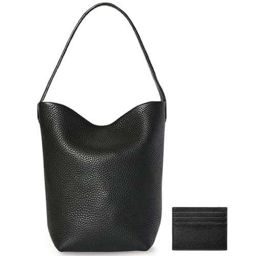TRow Top-Grain Leather Bucket Shoulder Tote with Cotton Insert